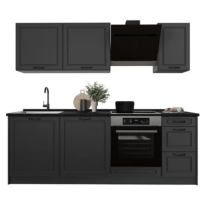 Küchenzeile R-Line 220 cm Anthrazit Landhaus Art.-Nr. 67828 -  - Eine dunkelgraue Küchenzeile mit klassischen Kassettentüren, Spüle, Kochfeld, Backofen und Dunstabzugshaube, inklusive Ober- und Unterschränken.