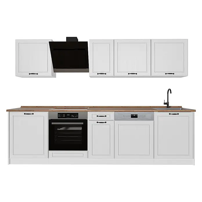 Küchenzeile R-Line 280 cm Weiß Landhaus Art.-Nr. 67927 -  - Weiße Küchenschränke mit Holz-Arbeitsplatte, schwarzen Griffen und integriertem Backofen, Kochfeld, Geschirrspüler, Spüle und schwarzer Dunstabzugshaube.
