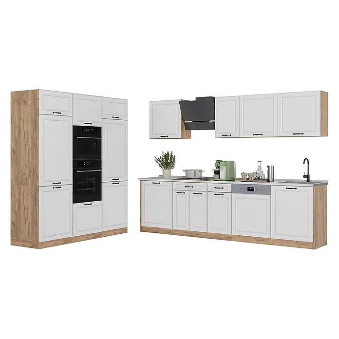Küchenzeile R-Line 180 cm Weiß Landhaus Art.-Nr. 67782 -  - Moderne weiße und holzfarbene Küche mit integrierten Geräten, Spüle und Dunstabzugshaube.