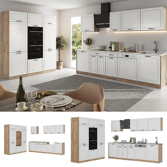 Küchenzeile R-Line 180 cm Weiß Landhaus Art.-Nr. 67782 -  - Weiße Küchenschränke mit Holzoptik-Akzenten: Hochschränke mit integrierten Öfen, Unterschränke mit Spüle und Geschirrspüler, Oberschränke.