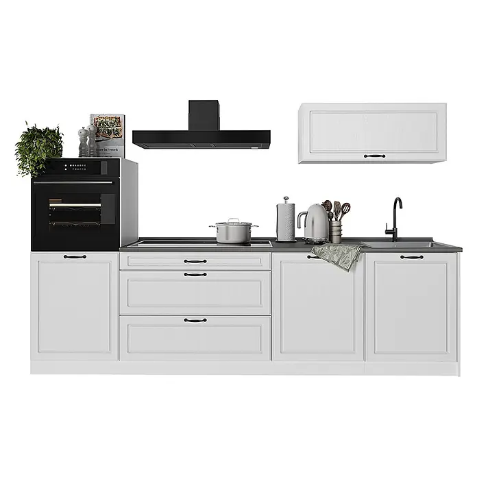 Küchenzeile R-Line 280 cm Weiß Landhaus Art.-Nr. 67998 -  - Weiße Küchenzeile mit schwarzem Backofen, Kochfeld, Dunstabzugshaube, dunkler Arbeitsplatte und Spüle. Inklusive Hängeschrank und Küchenzubehör.
