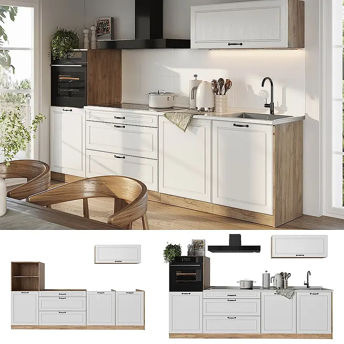 Küchenzeile R-Line 280 cm Weiß Landhaus Art.-Nr. 67988 -  - Modulare Küchenschrank-Garnitur in Weiß und Holzoptik mit Backofen, Spüle und Kochfeld, inklusive gerahmter Türen und Schubladen.