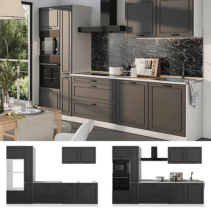 Küchenzeile R-Line 310 cm Anthrazit Landhaus Art.-Nr. 67958 -  - Komplette dunkelgraue Küche mit integrierten Geräten, Spüle und Kochfeld, vor einer Marmor-Optik-Rückwand.