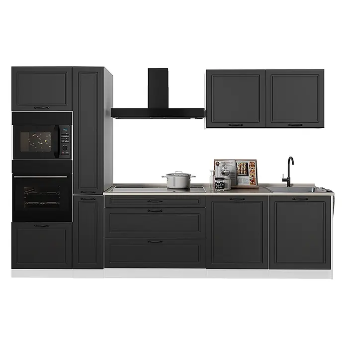 Küchenzeile R-Line 310 cm Anthrazit Landhaus Art.-Nr. 67958 -  - Dunkelgraue modulare Küchenschrankzeile mit integrierter Mikrowelle, Backofen, Kochfeld, Spüle und Dunstabzugshaube.