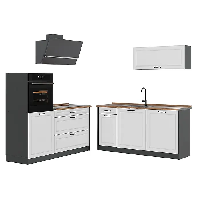 Küchenzeile R-Line 160 cm Weiß Landhaus Art.-Nr. 67699 -  - Modulares Küchenset mit dunkelgrauem Backofen, weißen Schränken, schwarzen Griffen, Holz-Arbeitsplatten und passender dunkelgrauer Dunstabzugshaube.