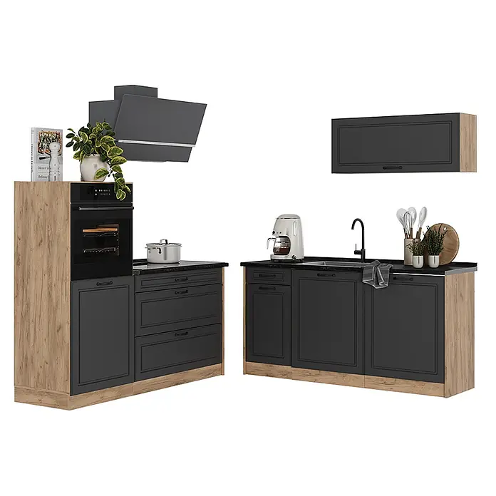 Küchenzeile R-Line 160 cm Anthrazit Landhaus Art.-Nr. 67706 -  - Eine modulare Küchenzeile mit dunkelgrauen Schränken und hellen Holzseiten. Sie umfasst Backofen, Kochfeld, Spüle, Dunstabzugshaube und Oberschrank.