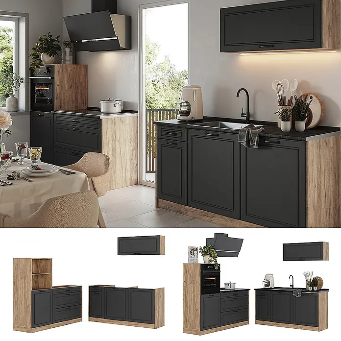 Küchenzeile R-Line 160 cm Anthrazit Landhaus Art.-Nr. 67706 -  - Moderne Küche mit dunkelgrauen Schränken, hellen Holzdetails und schwarzer Arbeitsplatte, in einer Küche installiert. Mit Backofen, Kochfeld, Spüle und Hängeschrank.