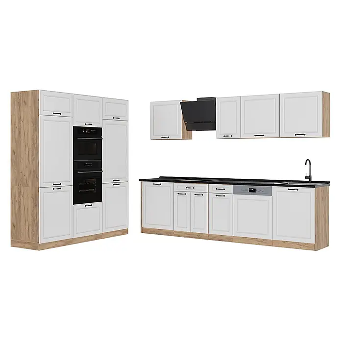 Küchenzeile R-Line 180 cm Weiß Landhaus Art.-Nr. 67782 -  - Moderne Küche: weiße Schranktüren, Holzoptik-Paneele, schwarze Arbeitsplatten & Geräte (Ofen, Mikrowelle, Kochfeld, Spüle, Spülmaschine, Dunstabzugshaube).