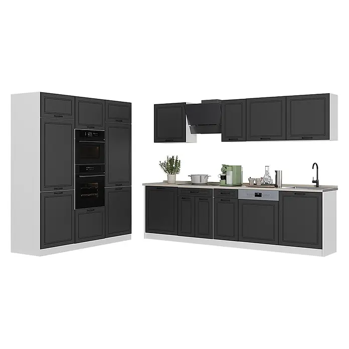 Küchenzeile R-Line 180 cm Anthrazit Landhaus Art.-Nr. 67793 -  - Dunkelgraue Küchenschränke mit heller Arbeitsplatte, eingebautem Backofen, Mikrowelle und Geschirrspüler, ein komplettes Küchenset bildend.