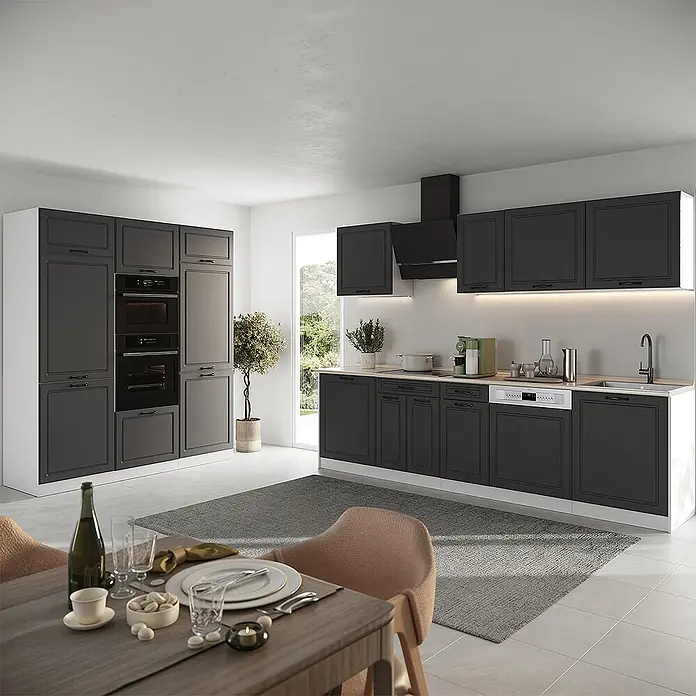 Küchenzeile R-Line 180 cm Anthrazit Landhaus Art.-Nr. 67793 -  - Moderne dunkelgraue Küchenschränke mit integrierten Geräten und Essbereich, inklusive Geschirrspüler, Ofen und viel Stauraum.