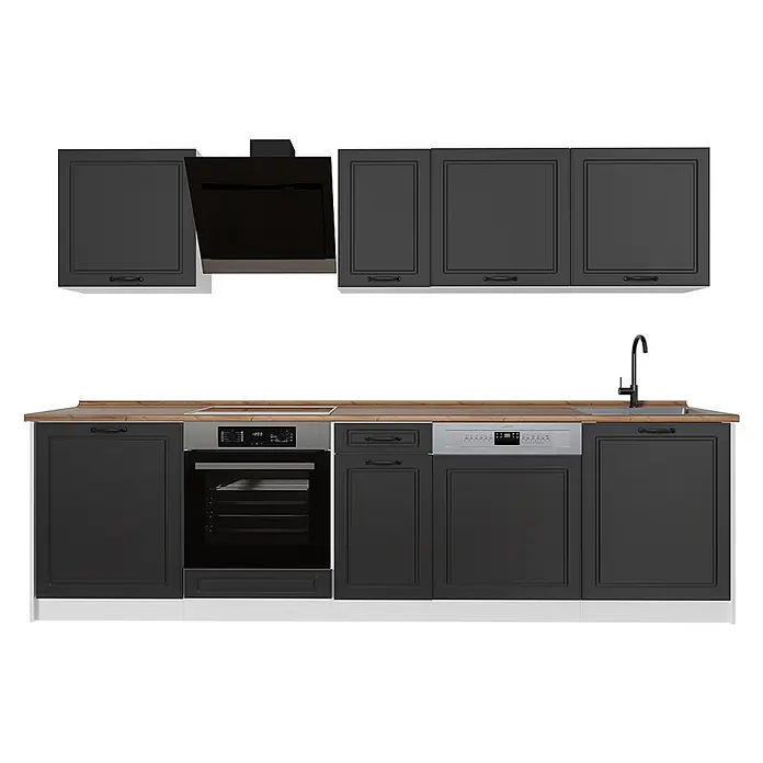 Küchenzeile R-Line 280 cm Anthrazit Landhaus Art.-Nr. 67923 -  - Dunkelgraue Einbauküche mit Holzplatte, Backofen, Kochfeld, Spüle, Geschirrspüler und Dunstabzugshaube.