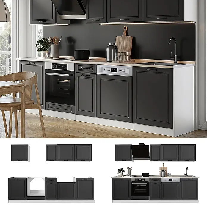 Küchenzeile R-Line 280 cm Anthrazit Landhaus Art.-Nr. 67923 -  - Dunkelgraue Küchenschränke mit heller Holzplatte, integriertem Ofen, Geschirrspüler und Spüle in moderner Küchenumgebung.