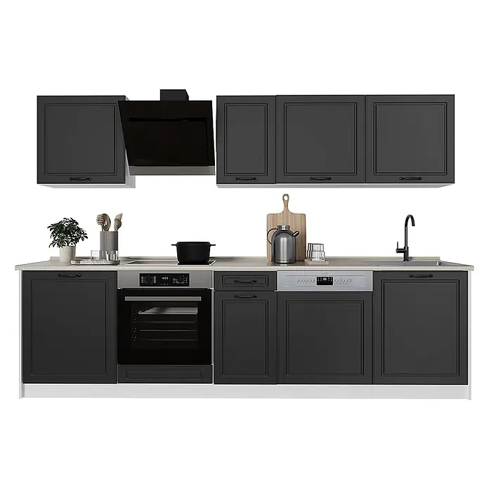 Küchenzeile R-Line 280 cm Anthrazit Landhaus Art.-Nr. 67923 -  - Dunkelgraue Modulküche mit heller Holztheke, integrierten Geräten und schwarzen Akzenten.