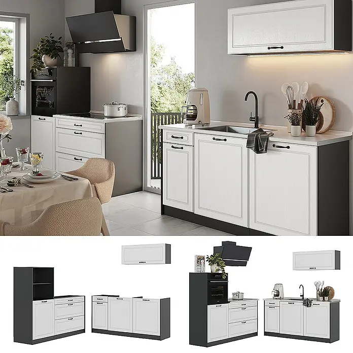 Küchenzeile R-Line 160 cm Weiß Landhaus Art.-Nr. 67699 -  - Modulare weiße und dunkelgraue Küche mit Schränken, Ofen, Kochfeld und Spüle, in modernem Ambiente.