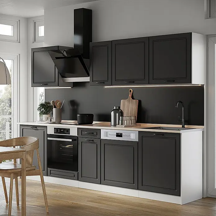 Küchenzeile R-Line 280 cm Anthrazit Landhaus Art.-Nr. 67923 -  - Moderne dunkelgraue Küche mit heller Holzplatte und integrierten Geräten.