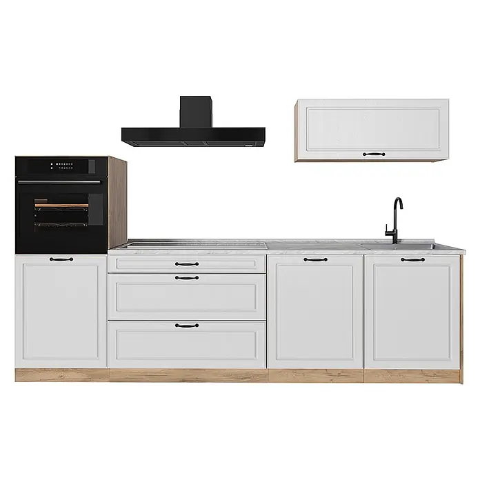 Küchenzeile R-Line 280 cm Weiß Landhaus Art.-Nr. 67988 -  - Weiße Küchenzeile mit schwarzem Ofen, Kochfeld, Spüle, Armatur, Dunstabzug, heller Arbeitsplatte und Holzoptik-Sockel.