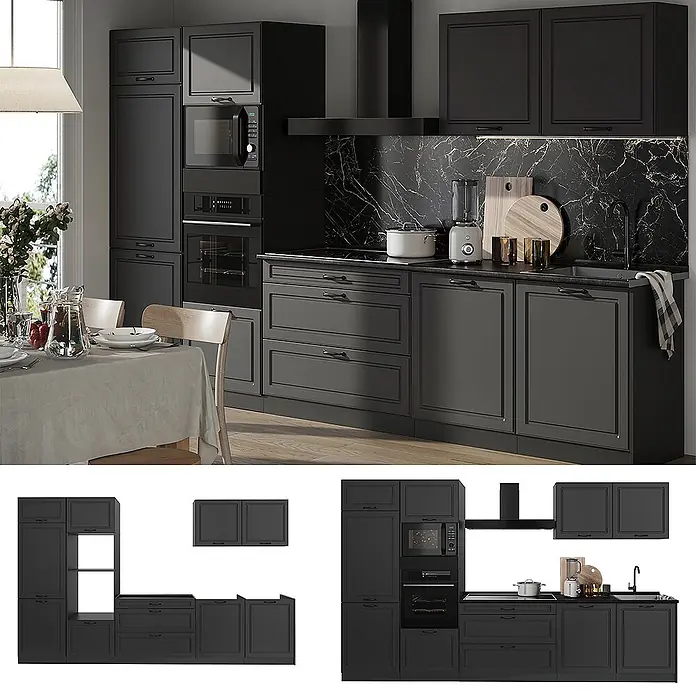 Küchenzeile R-Line 340 cm Anthrazit Landhaus Art.-Nr. 68044 -  - Ein dunkelgraues Modulküchensystem mit integrierten Geräten und schwarzer Marmorrückwand in einem modernen Essbereich.