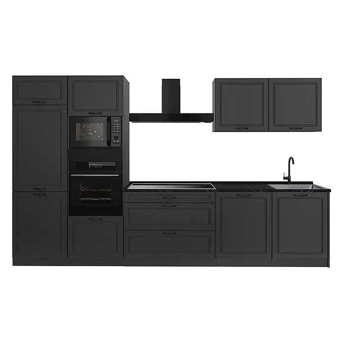 Küchenzeile R-Line 340 cm Anthrazit Landhaus Art.-Nr. 68045 -  - Dunkelgraue Modulküche mit integrierter Mikrowelle, Backofen, Induktionskochfeld, Spüle und Dunstabzugshaube.