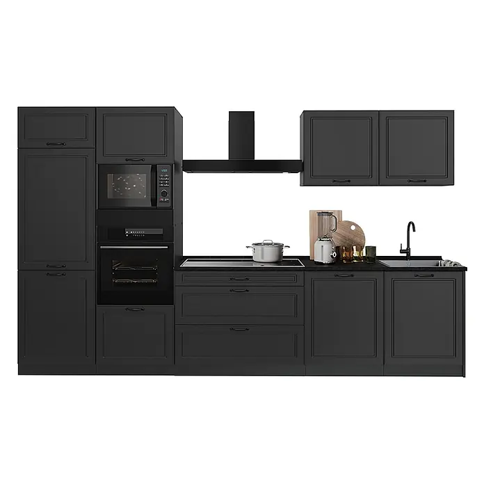 Küchenzeile R-Line 340 cm Anthrazit Landhaus Art.-Nr. 68044 -  - Schwarze modulare Küchenzeile mit integrierter Mikrowelle, Backofen, Kochfeld und Spüle, ausgestattet mit mehreren Schränken und Schubladen.