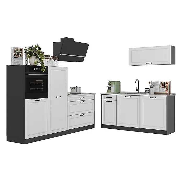Küchenzeile R-Line 220 cm Weiß Landhaus Art.-Nr. 67842 -  - Ein modernes schwarz-weißes Küchenschrank-Set mit eingebautem Ofen, Dunstabzugshaube und Spüle, mit Türen im Shaker-Stil und dunklen Griffen.