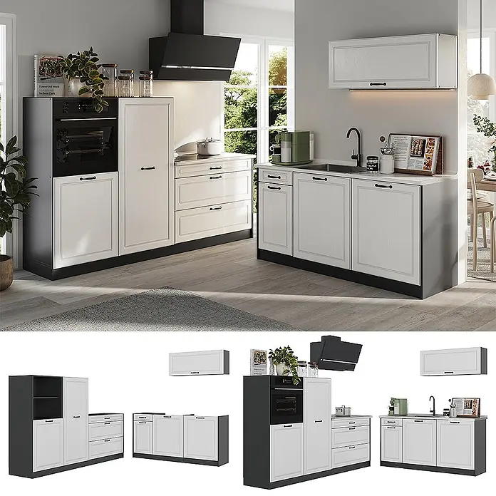 Küchenzeile R-Line 220 cm Weiß Landhaus Art.-Nr. 67842 -  - Komplettküche mit weißen Fronten und dunkelgrauen Rahmen, inkl. integriertem Ofen, Spüle und Aufbewahrungsmodulen.