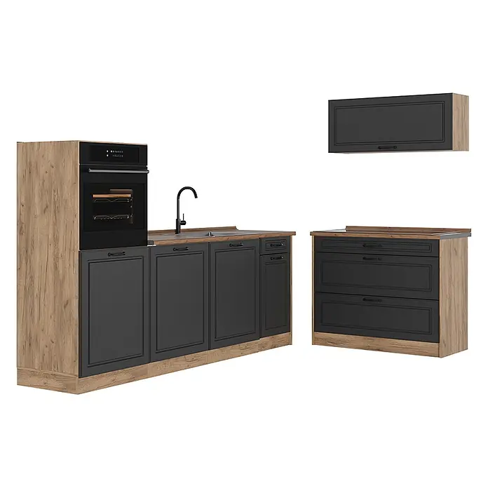 Küchenzeile R-Line 220 cm Anthrazit Landhaus Art.-Nr. 68127 -  - Moderne Küchenzeile: helle Holzoptikrahmen, dunkelgraue Schranktüren, Einbauofen, Spüle und Hängeschrank.