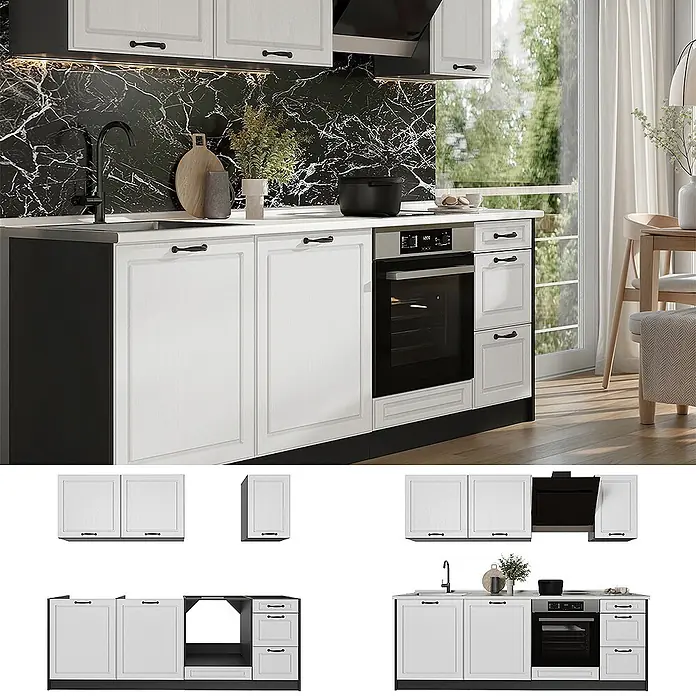 Küchenzeile R-Line 220 cm Weiß Landhaus Art.-Nr. 67831 -  - Modulare weiße Küchenschränke mit schwarzen Griffen, Arbeitsplatte und integriertem Backofen und Spüle im modernen Design.