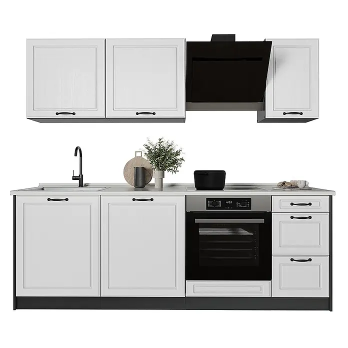 Küchenzeile R-Line 220 cm Weiß Landhaus Art.-Nr. 67831 -  - Weiße Küchenzeile mit schwarzen Griffen, Spüle, integriertem Backofen und Dunstabzugshaube.