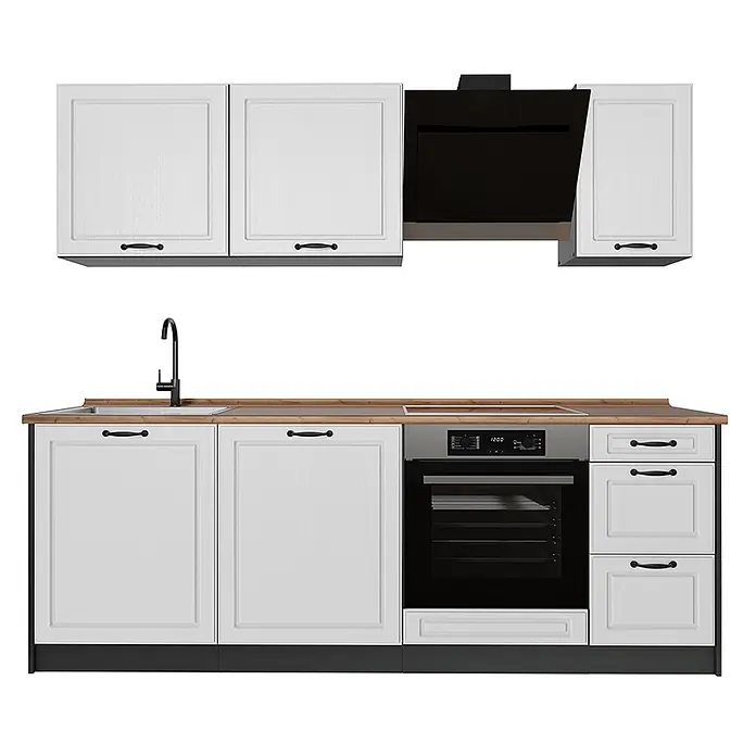 Küchenzeile R-Line 220 cm Weiß Landhaus Art.-Nr. 67831 -  - Moderne weiße Küchenzeile mit schwarzen Griffen, Holzarbeitsplatte, Spüle, Ofen und Dunstabzugshaube.