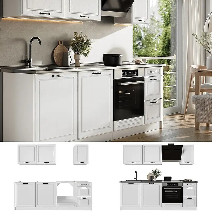 Küchenzeile R-Line 220 cm Weiß Landhaus Art.-Nr. 67891 -  - Weiße Küchenunterschränke mit schwarzen Griffen, integriertem Backofen und Spüle, in moderner Küche.