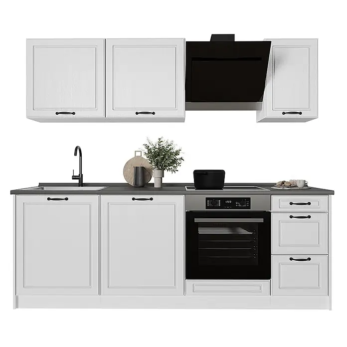Küchenzeile R-Line 220 cm Weiß Landhaus Art.-Nr. 67891 -  - Weiße Küchenzeile mit dunkelgrauer Arbeitsplatte, Spüle, schwarzer Armatur, schwarzem Backofen, Kochfeld und Dunstabzugshaube. Überall schwarze Griffe.