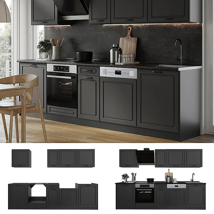 Küchenzeile R-Line 280 cm Anthrazit Landhaus Art.-Nr. 67899 -  - Dunkelgraue modulare Küchenschränke mit integriertem Backofen, Geschirrspüler und Spüle.