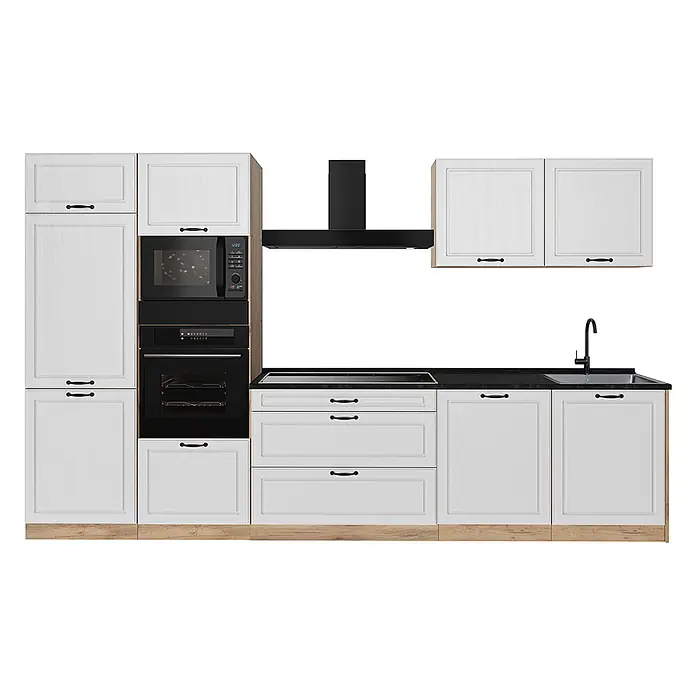 Küchenzeile R-Line 340 cm Weiß Landhaus Art.-Nr. 68058 -  - Moderne weiße Küchenschränke mit schwarzen Griffen, dunkler Arbeitsplatte, integrierten schwarzen Geräten und schwarzer Spüle mit Armatur, mit Holzsockelelementen.