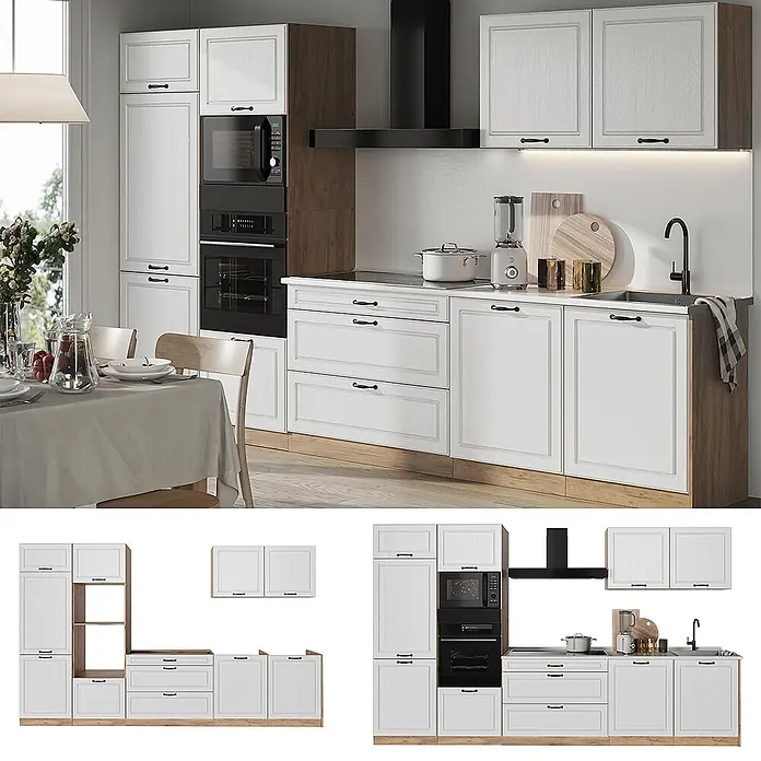 Küchenzeile R-Line 340 cm Weiß Landhaus Art.-Nr. 68058 -  - Weiße Modulküche mit Holzakzenten und schwarzen Geräten, gezeigt im Lifestyle und als Einzelteile.