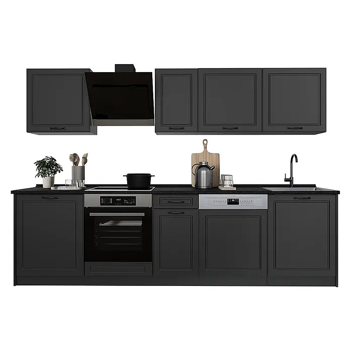 Küchenzeile R-Line 280 cm Anthrazit Landhaus Art.-Nr. 67899 -  - Dunkelgraue moderne Küchenzeile mit schwarzer Arbeitsplatte, integriertem Backofen, Kochfeld, Geschirrspüler, Spüle und Hängeschränken mit schwarzer Dunstabzugshaube.