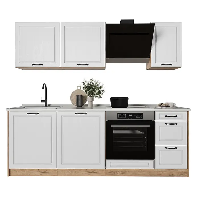 Küchenzeile R-Line 220 cm Weiß Landhaus Art.-Nr. 67878 -  - Weiße Küchenzeile mit schwarzen Griffen, heller Holzoptik-Sockel und integrierten Geräten wie Backofen, Kochfeld, Spüle und Dunstabzug.
