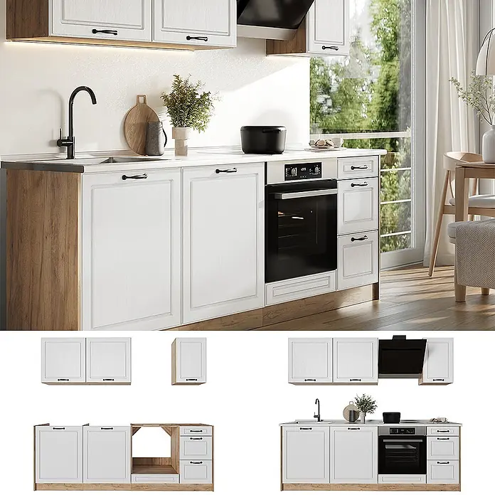Küchenzeile R-Line 220 cm Weiß Landhaus Art.-Nr. 67878 -  - Modernes modulares Küchenset mit weißen Schrankfronten und Holzoptik-Endpaneelen, schwarzen Griffen, integriertem Backofen und Spüle, in einer hellen Küche gezeigt.