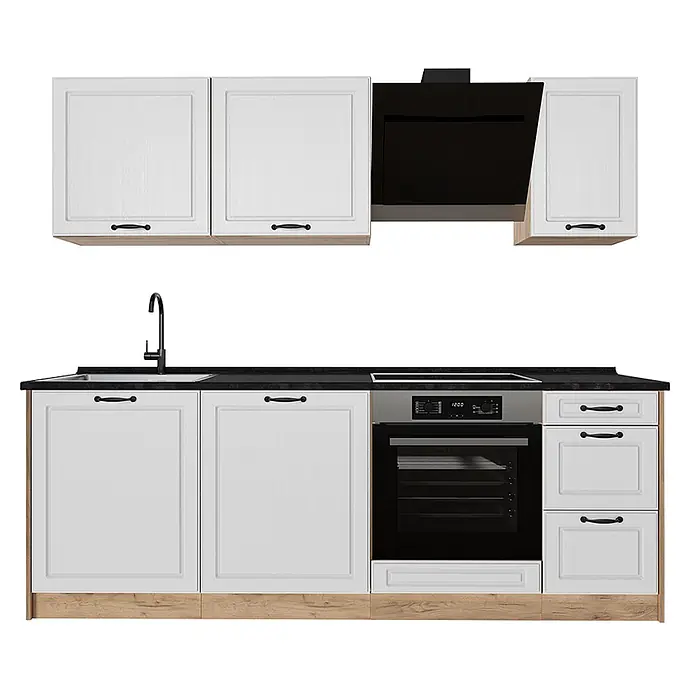 Küchenzeile R-Line 220 cm Weiß Landhaus Art.-Nr. 67878 -  - Weiße Küchenzeile mit schwarzer Arbeitsplatte, Griffen und Geräten, mit Holzoptik-Sockel.