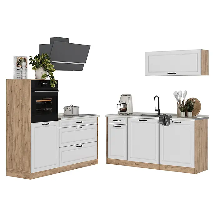 Küchenzeile R-Line 160 cm Weiß Landhaus Art.-Nr. 67711 -  - Modulare Küchenzeile mit weißen Fronten, heller Holzoptik, integriertem Backofen, Kochfeld, Spüle und Dunstabzugshaube in Dunkelgrau.