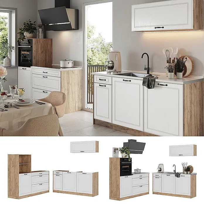 Küchenzeile R-Line 160 cm Weiß Landhaus Art.-Nr. 67711 -  - Modulare Küchenmöbel mit weißen Türen, schwarzen Griffen und hellem Holzdekor, inklusive Unter- und Oberschränken.