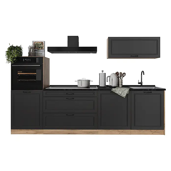 Küchenzeile R-Line 280 cm Anthrazit Landhaus Art.-Nr. 67982 -  - Modernes schwarzes Küchenset mit integriertem Backofen, Kochfeld, Spüle und Dunstabzugshaube, mit hellen Holzdetails.