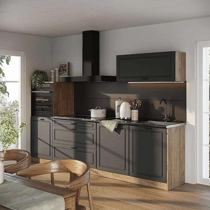 Küchenzeile R-Line 280 cm Anthrazit Landhaus Art.-Nr. 67982 -  - Moderne dunkelgraue Küche mit Holzakzenten, Backofen, Kochfeld und Spüle in hellem Raum.