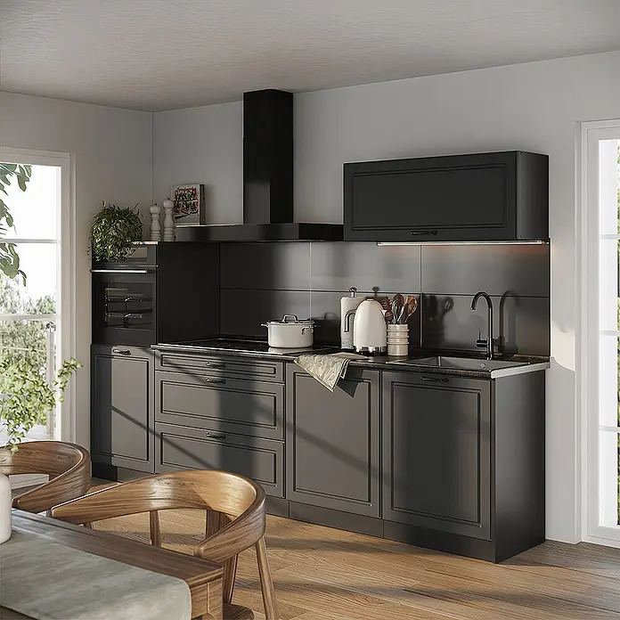 Küchenzeile R-Line 280 cm Anthrazit Landhaus Art.-Nr. 67970 -  - Eine moderne dunkelgraue Küche mit Unterschränken, integriertem Ofen, Kochfeld, Spüle, passenden Oberschränken und Dunstabzugshaube.