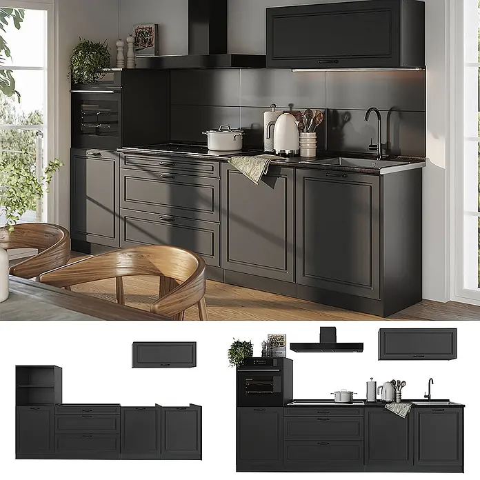 Küchenzeile R-Line 280 cm Anthrazit Landhaus Art.-Nr. 67970 -  - Dunkelgraue Modulküche mit klassischen Paneeltüren, integriertem Backofen, Kochfeld und Spüle, in heller Küchenumgebung.