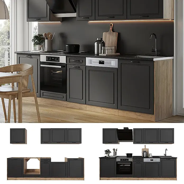 Küchenzeile R-Line 280 cm Anthrazit Landhaus Art.-Nr. 67913 -  - Moderne dunkelgraue Küche mit Holzdetails, integriertem Backofen, Geschirrspüler und Spüle, in zeitgemäßer Umgebung.