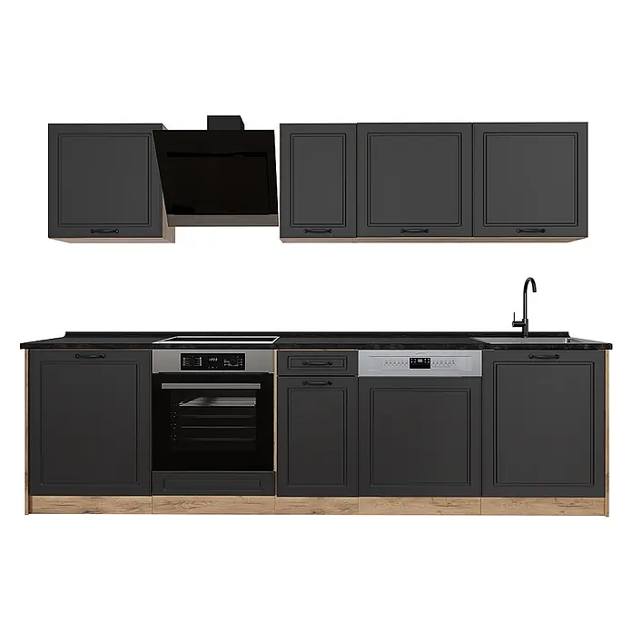 Küchenzeile R-Line 280 cm Anthrazit Landhaus Art.-Nr. 67913 -  - Modulare Küche in Dunkelgrau mit schwarzer Arbeitsplatte, Holzsockel und integrierten Geräten: Backofen, Kochfeld, Spülmaschine, Spüle.
