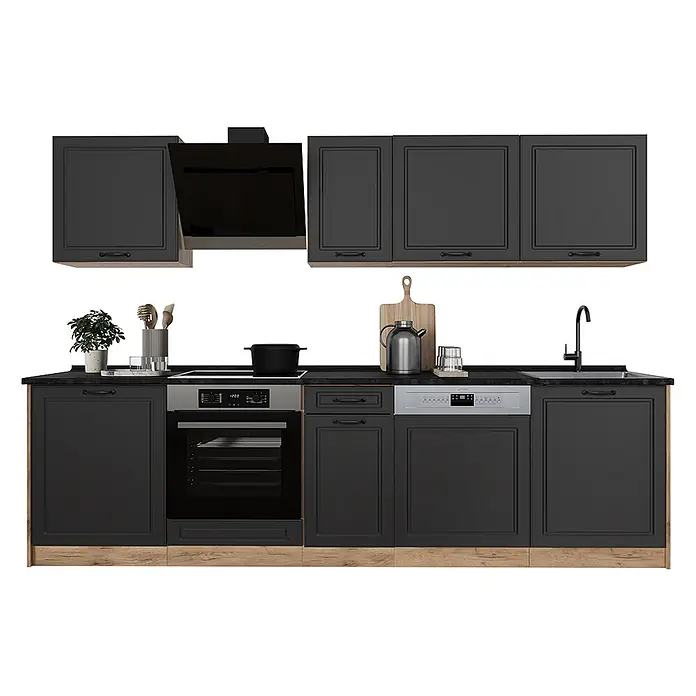Küchenzeile R-Line 280 cm Anthrazit Landhaus Art.-Nr. 67913 -  - Modulare dunkelgraue Küchenzeile mit schwarzer Arbeitsplatte, integrierten Geräten und Holzoptik-Akzenten.