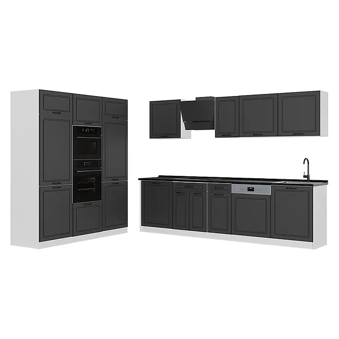 Küchenzeile R-Line 180 cm Anthrazit Landhaus Art.-Nr. 67790 -  - Moderne dunkelgraue Küchenmöbel mit integrierten schwarzen Geräten und weißem Korpus.