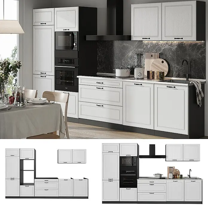 Küchenzeile R-Line 340 cm Weiß Landhaus Art.-Nr. 68046 -  - Weiße und schwarze modulare Küchenschränke mit Backofenturm, Dunstabzugshaube, Spüle und Essbereich. Modernes Design.