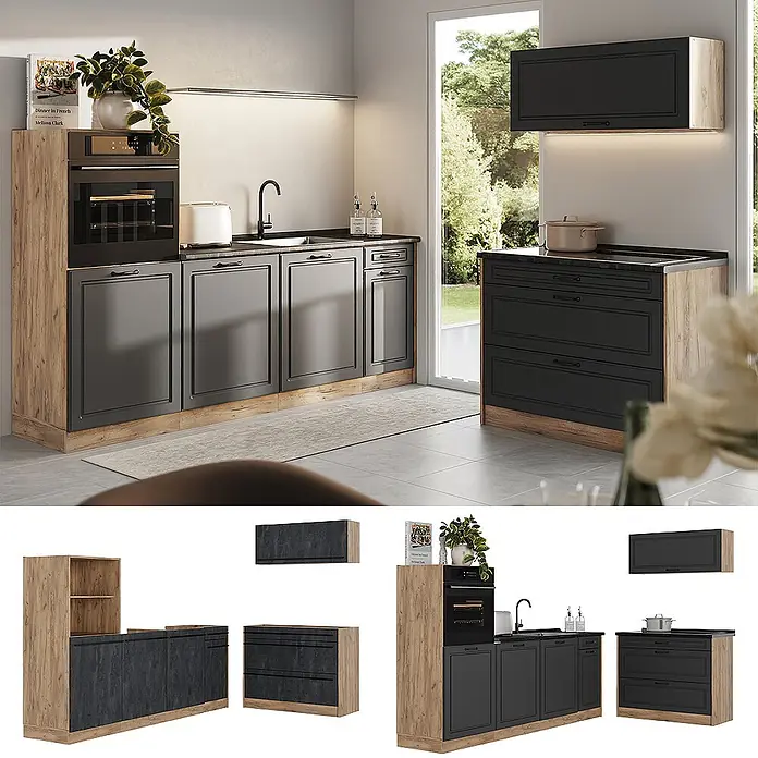 Küchenzeile R-Line 220 cm Anthrazit Landhaus Art.-Nr. 68127 -  - Moderne dunkelgraue Küchenzeile mit Holzdekor-Elementen, ausgestattet mit Backofen und Spüle.